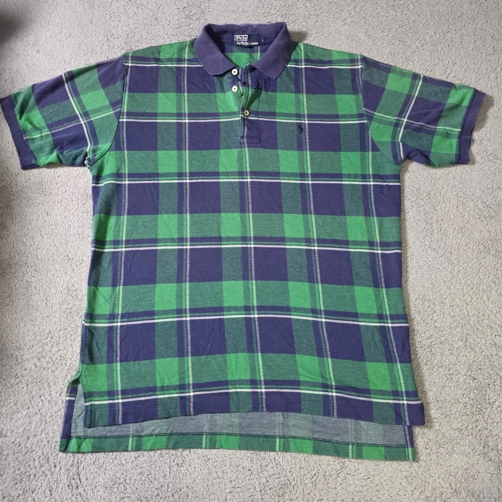 Polo Ralph Lauren Mens L Polo Shirt Green Navy Blue Plaid Short Sleeve Made USA